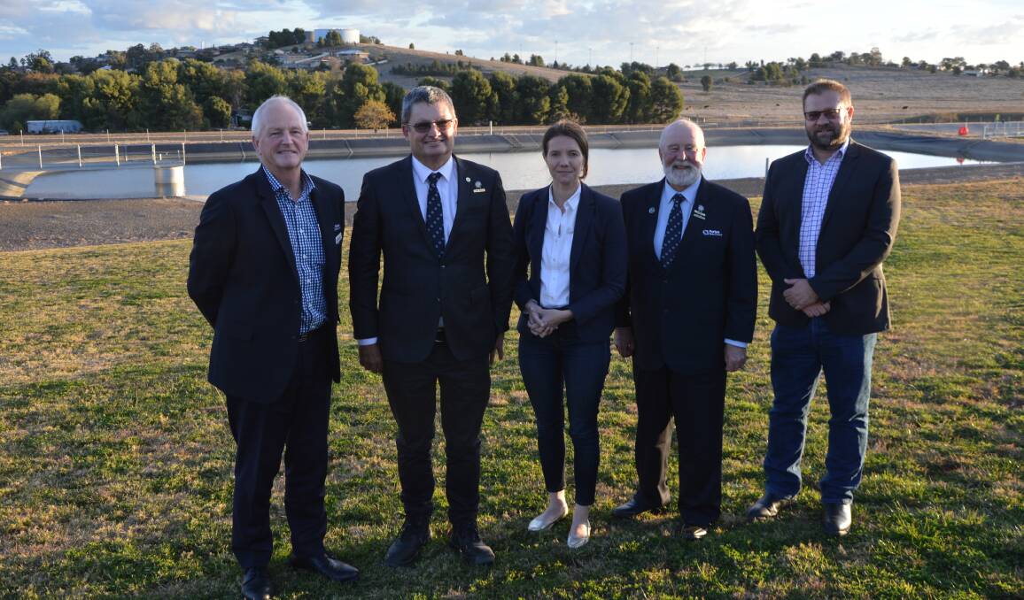 Parkes Shire Council General Manager Kent Boyd, Cr Neil Westcott, NSW Water Minister Rose Jackson, Mayor Ken Keith OAM and Director of Infrastructure Andrew Francis met at the Parkes Water Treatment Plant to talk about the project. Picture by Christine Little