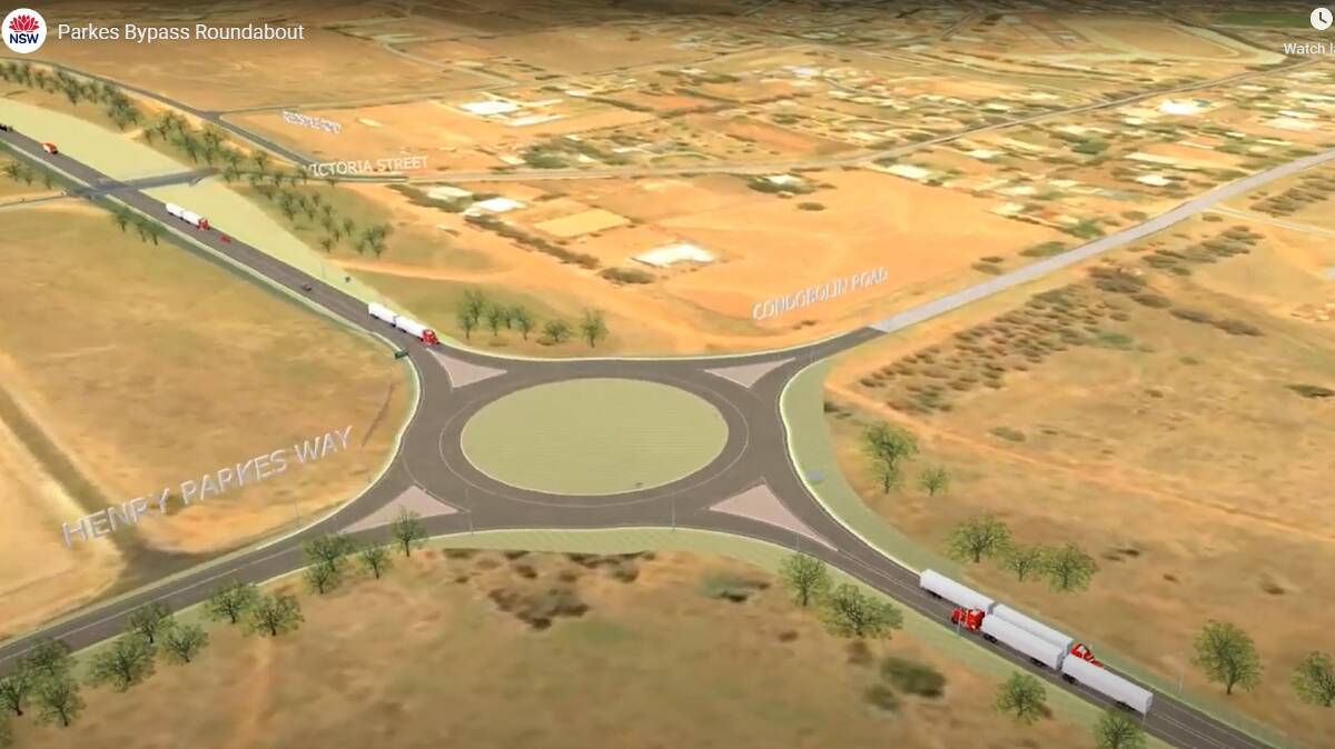 Parkes' western entry off the proposed new Newell Highway bypass, which includes a new roundabout. Picture is a screengrab from Transport for NSW video of the project.