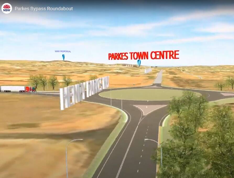 Parkes' western entry off the proposed new Newell Highway bypass, which includes a new roundabout. Picture is a screengrab from Transport for NSW video of the project.